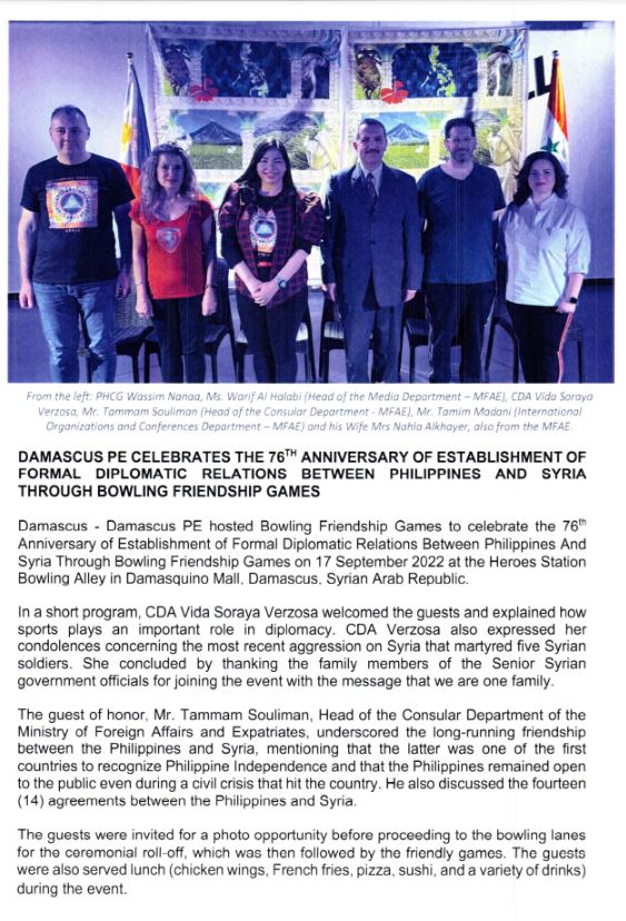 Damascus PE Celebrates the 76th Anniversarry of Establishment of Formal Diplomatic Relations Between Philippines and Syria Through Bowling Friendship Games